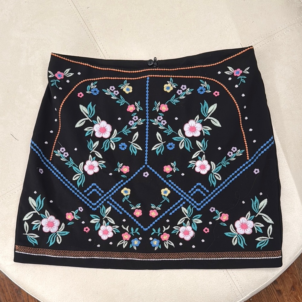 Floral Embroidered Black Skirt